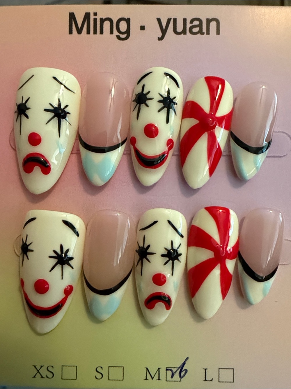 Red & White Clown handmade acrylic press on Nail Art Set - Women Makeup